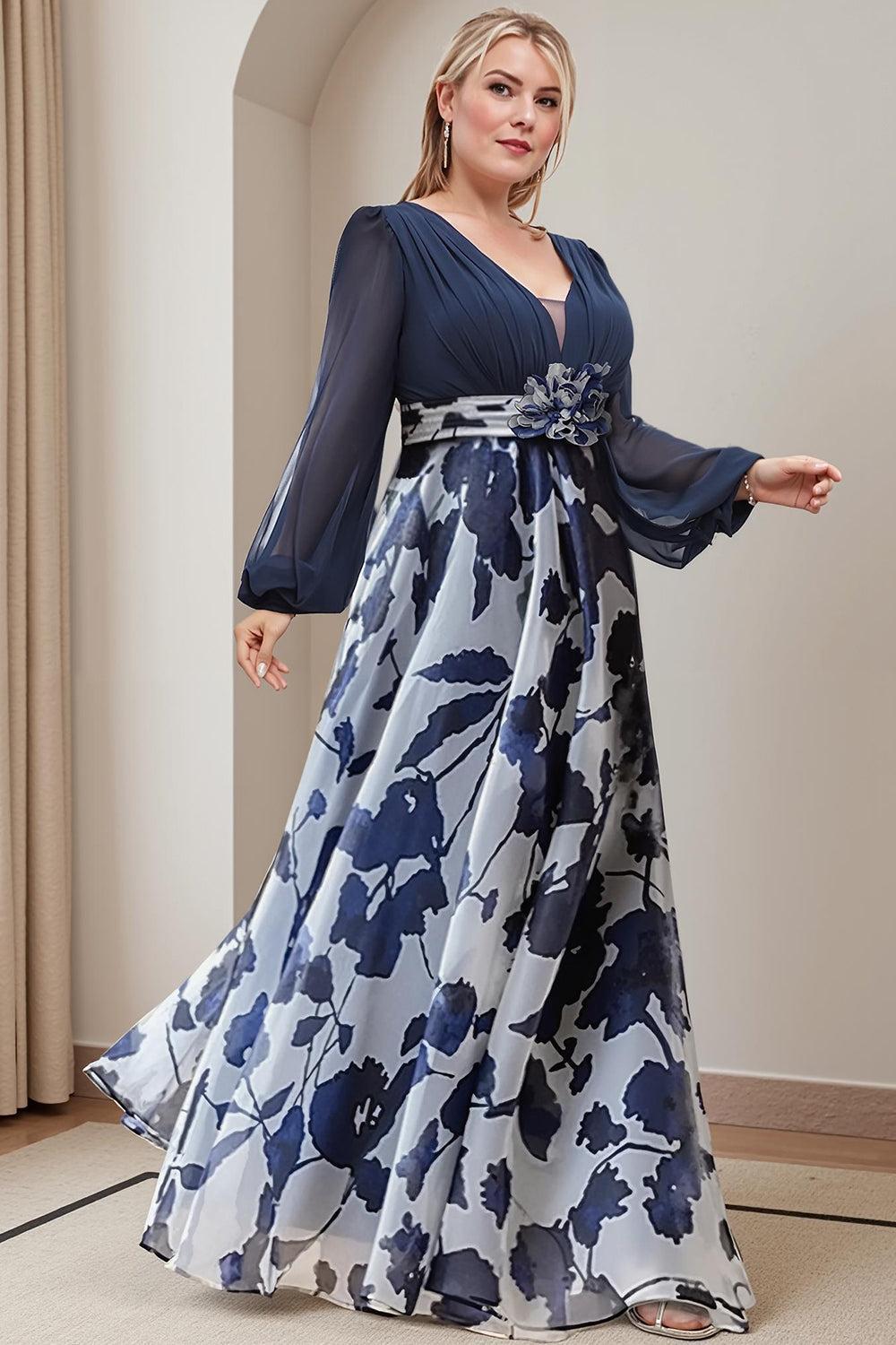 Dreamyannie Navy Flower Chiffon A Line Floor Length Plus Size Mother Of The Bride Dress With Sleeves
