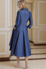 Dreamyannie Navy Lapel Neck A Line Tea Length Mother Of The Bride Dress With Pockets