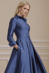 Dreamyannie Navy Lapel Neck A Line Tea Length Mother Of The Bride Dress With Pockets