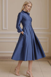 Dreamyannie Navy Lapel Neck A Line Tea Length Mother Of The Bride Dress With Pockets