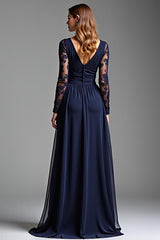 Dreamyannie Navy Mother of the Bride Dress Chiffon V-Neck Long Formal Dress With Long Sleeves