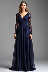 Dreamyannie Navy Mother of the Bride Dress Chiffon V-Neck Long Formal Dress With Long Sleeves