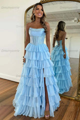 Dreamyannie Navy Prom Dress A Line Strapless Corset Long Chiffon Formal Dress