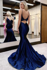 Dreamyannie Navy Prom Dress Lace Mermaid Satin Long Evening Dress