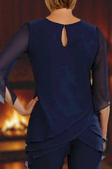 Dreamyannie Navy Round Neck Ruffled Chiffon 2 Piece Mother Of The Bride Pant Suits With Sleeves