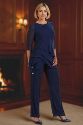 Dreamyannie Navy Round Neck Ruffled Chiffon 2 Piece Mother Of The Bride Pant Suits With Sleeves