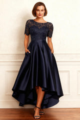 Dreamyannie Navy Satin Boat Neck A Line High Low Mother Of The Bride Dress With Lace