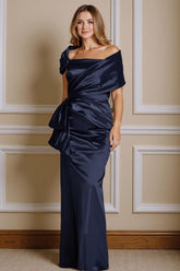 Dreamyannie Navy Satin Mermaid Off The Shoulder Floor Length Mother Of The Bride Dress