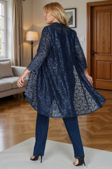 Dreamyannie Navy Sequin Boat Neck 3 Piece Mother Of The Bride Pant Suits With Jacket