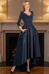 Dreamyannie Navy V Neck A Line High Low Mother Of The Bride Dress With Pockets