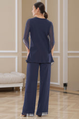 Dreamyannie Navy V Neck Chiffon 2 Piece Mother Of The Bride Pant Suits With Sleeves