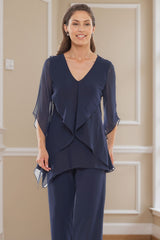 Dreamyannie Navy V Neck Chiffon 2 Piece Mother Of The Bride Pant Suits With Sleeves