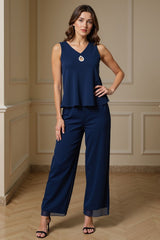 Dreamyannie Navy V Neck Chiffon 3 Piece Mother Of The Bride Pant Suits With Jacket