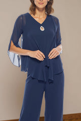 Dreamyannie Navy V Neck Chiffon 3 Piece Mother Of The Bride Pant Suits With Jacket