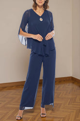 Dreamyannie Navy V Neck Chiffon 3 Piece Mother Of The Bride Pant Suits With Jacket