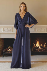 Dreamyannie Navy V Neck Chiffon Floor Length Mother Of The Bride Jumpsuits With Sleeves