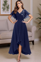Dreamyannie Navy V Neck Ruffled A Line High Low Mother Of The Bride Dress
