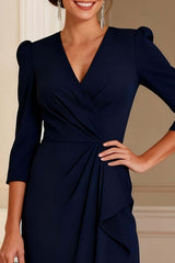 Dreamyannie Navy V Neck Sheath Midi Mother Of The Bride Dress With Sleeves