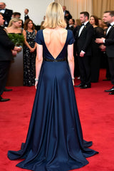 Dreamyannie Navy Wedding Guest Dress Beaded A Line V-Neck Long Gala Dress