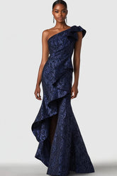 Dreamyannie Navy Wedding Guest Dress One Shoulder Mermaid Long Formal Dress With Ruffles