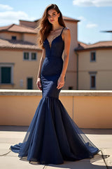 Dreamyannie Navy Wedding Guest Dress Spaghetti Straps Long Prom Dress With Lace
