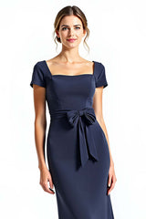 Dreamyannie Navy Wedding Guest Dress Square Neck Long Formal Dress With Bowknot