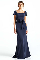 Dreamyannie Navy Wedding Guest Dress Square Neck Long Formal Dress With Bowknot