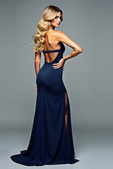 Dreamyannie Navy Wedding Guest Dress Sweetheart Long Formal Dress With Slit