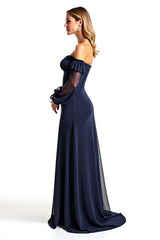 Dreamyannie Navy Wedding Guest Dress Sweetheart Long Sheer Sleeves Formal Dress With Ruffles