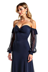 Dreamyannie Navy Wedding Guest Dress Sweetheart Long Sheer Sleeves Formal Dress With Ruffles