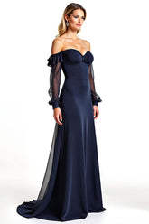 Dreamyannie Navy Wedding Guest Dress Sweetheart Long Sheer Sleeves Formal Dress With Ruffles