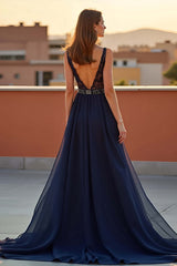Dreamyannie Navy Wedding Guest Dress Tulle A Line V-Neck Long Formal Dress