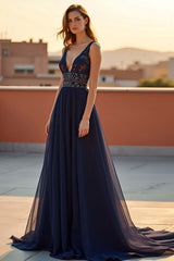 Dreamyannie Navy Wedding Guest Dress Tulle A Line V-Neck Long Formal Dress