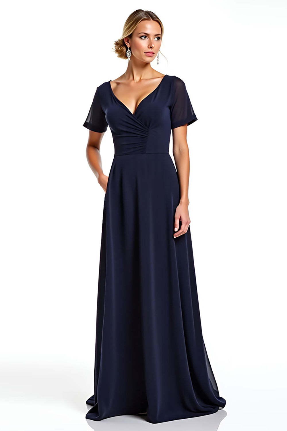 Dreamyannie Navy Wedding Guest Dress V-Neck Long Chiffon Formal Dress