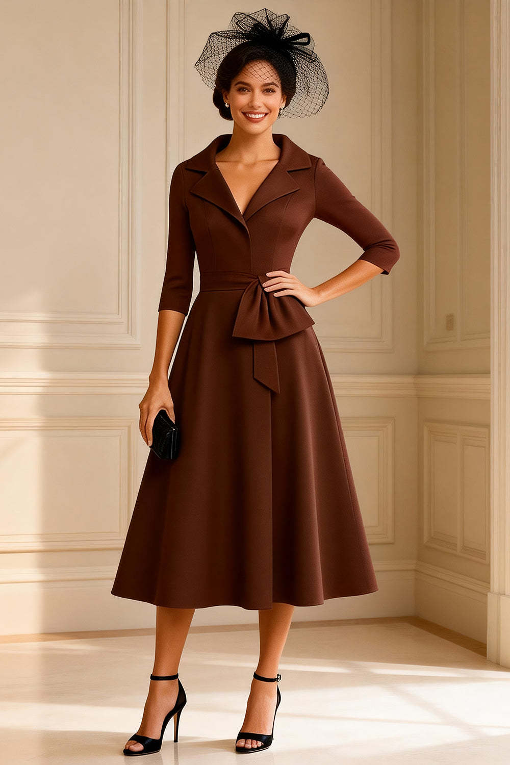 Dreamyannie Notched Lapel Chocolate A Line Midi Mother Of The Bride Dress
