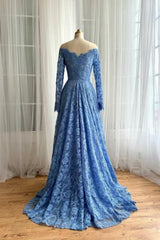 Dreamyannie Ocean Blue Prom Dress A Line Off The Shoulder Sleeve Lace Formal Dress With Slit
