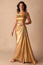 Dreamyannie Off The Shoulder A Line Gold Long Formal Dress
