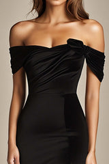 Dreamyannie Off The Shoulder Black Wedding Guest Dress Mermaid Satin Long Formal Dress With Slit