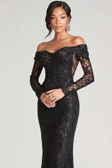 Dreamyannie Off The Shoulder Black Wedding Guest Dress Sheath Formal Dress With Lace Long Sleeves