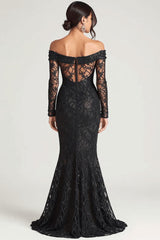 Dreamyannie Off The Shoulder Black Wedding Guest Dress Sheath Formal Dress With Lace Long Sleeves