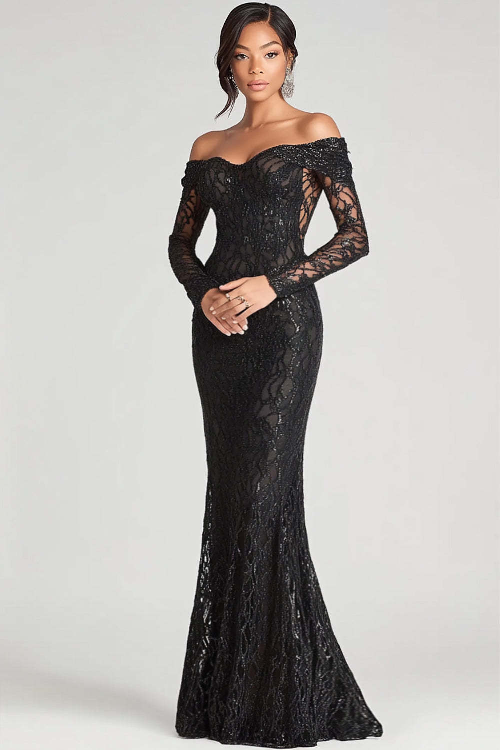 Dreamyannie Off The Shoulder Black Wedding Guest Dress Sheath Formal Dress With Lace Long Sleeves