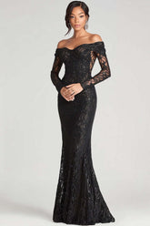 Dreamyannie Off The Shoulder Black Wedding Guest Dress Sheath Formal Dress With Lace Long Sleeves