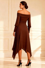 Dreamyannie Off The Shoulder Brown Chiffon Asymmetrical Pleated Mother Of The Bride Dress