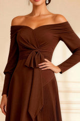 Dreamyannie Off The Shoulder Brown Chiffon Asymmetrical Pleated Mother Of The Bride Dress