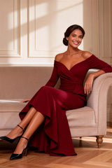 Dreamyannie Off The Shoulder Burgundy Asymmetrical Mother Of The Bride Dress With Ruffles