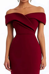 Dreamyannie Off The Shoulder Burgundy Wedding Guest Dress Satin Ankle-Length Formal Dress