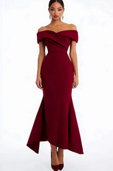 Dreamyannie Off The Shoulder Burgundy Wedding Guest Dress Satin Ankle-Length Formal Dress