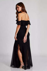 Dreamyannie Off The Shoulder Chiffon Black Wedding Guest Dress Formal Dress With Slit