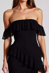 Dreamyannie Off The Shoulder Chiffon Black Wedding Guest Dress Formal Dress With Slit
