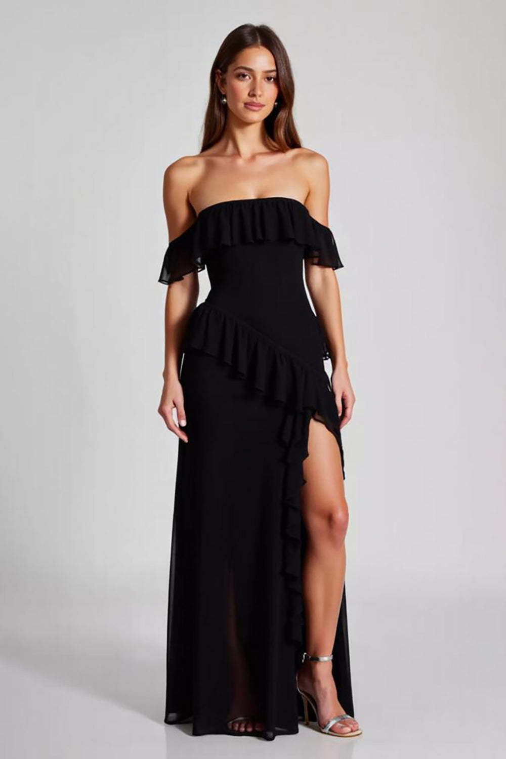 Dreamyannie Off The Shoulder Chiffon Black Wedding Guest Dress Formal Dress With Slit